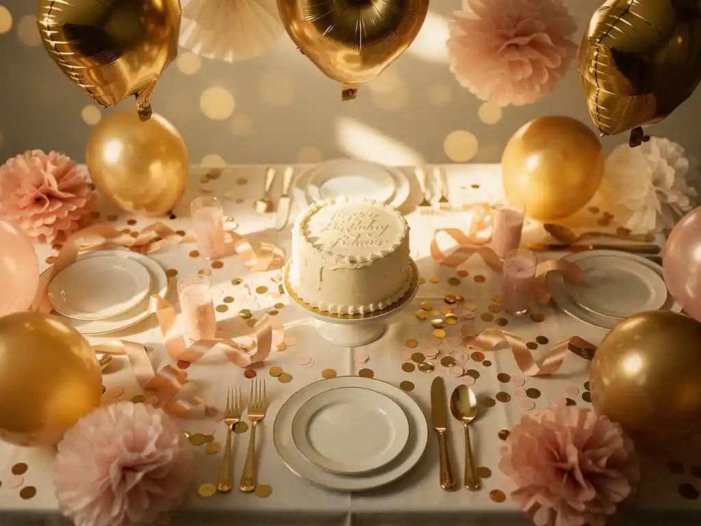 Blush pink and gold birthday tablescape with cake, foil balloons, tissue pompoms, ribbon curls, and confetti in a flat lay overhead shot.