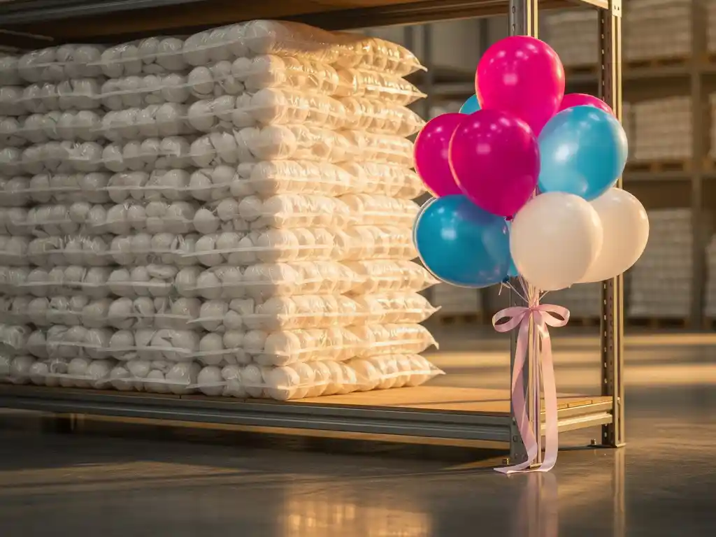 Bulk latex balloon bags stacked on warehouse shelf beside a vibrant magenta, blue, and white inflated balloon bouquet tied with ribbon.