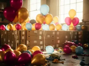 Warehouse worker sorting bulk latex and foil balloons in magenta, gold, and blue above wholesale cardboard boxes on a concrete floor.