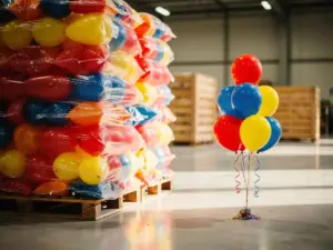 Bulk wholesale stack of hundreds of colorful latex balloons in sealed packaging beside a single small retail balloon bouquet on a warehouse floor.