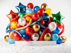 Een assortiment van latexballonnen, folieballonnen in de vorm van sterren en modelleerballonnen in rood, goud en blauw, die uit een wit winkelschap puilen, met daaronder verspreide confetti.