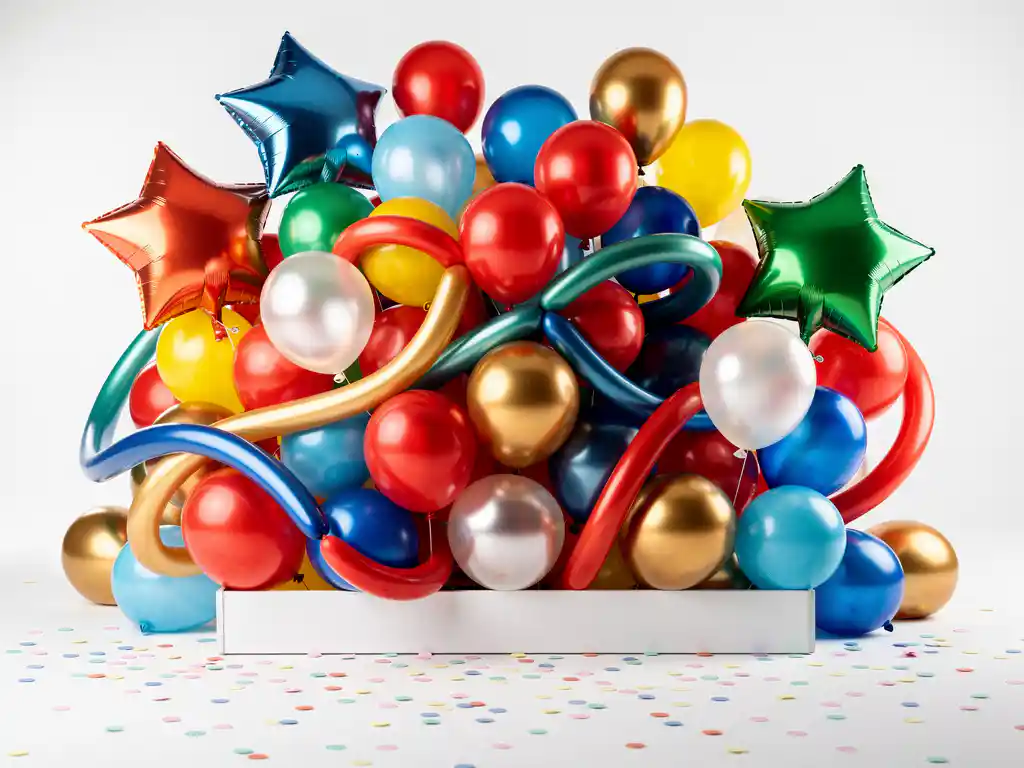 Assorted latex, foil star, and modeling balloons in red, gold, and blue spilling from a white retail shelf with scattered confetti below.