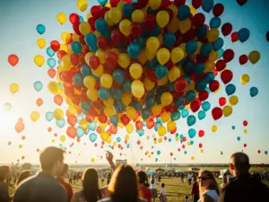 Honderden rode, gele en blauwe latexballonnen die tijdens het gouden uur boven een zonovergoten festivalmenigte de lucht in zweven.