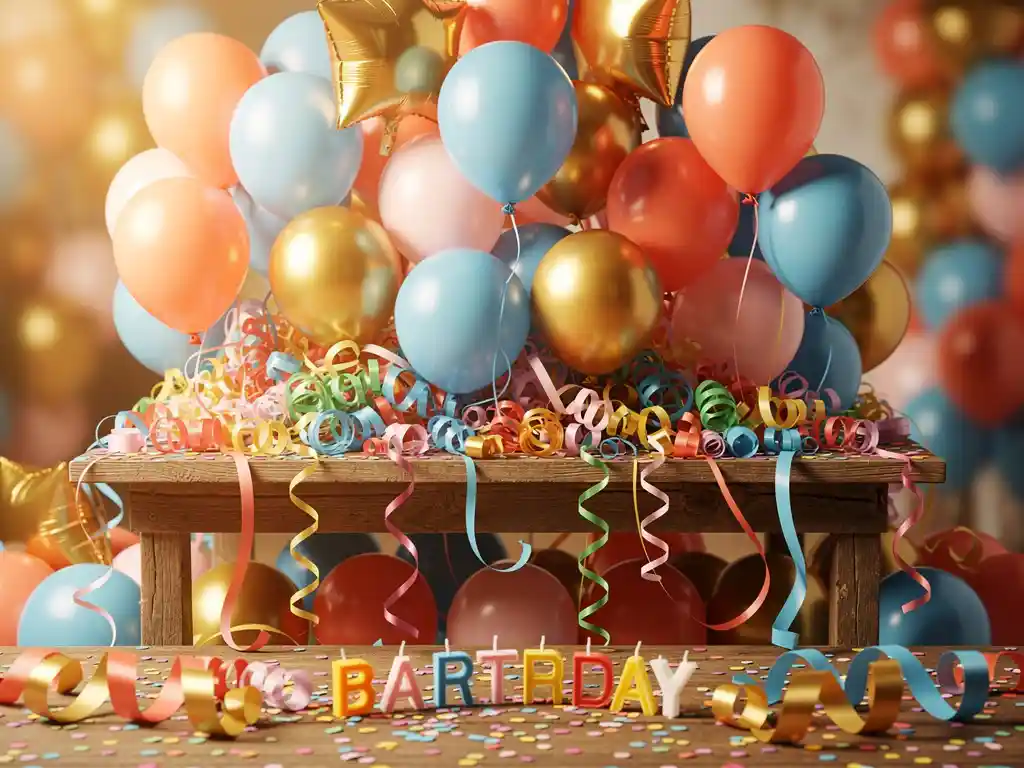 Colorful latex and foil balloons overflowing a wooden table with paper streamers, confetti, birthday candles, and ribbon curls in coral, blue, and gold.