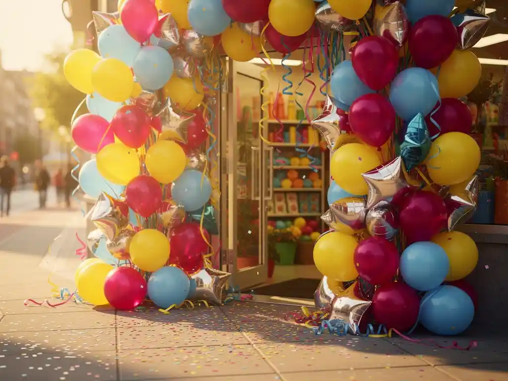 Colorful balloons, streamers, and confetti overflowing from a festive party supply storefront in magenta, yellow, and blue tones.