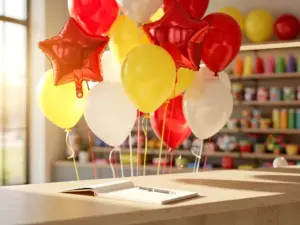 Kleurrijke rode, gele en witte latex- en Folieballonnen boven een houten toonbank in een lichte feestartikelenwinkel.