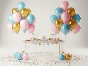 Colorful latex balloons floating and tied at a festive party table with confetti on white surface, pastel pinks, blues, and yellows.