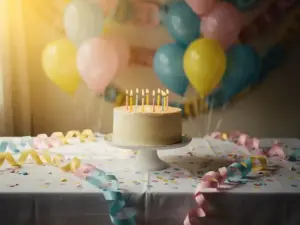 Een verjaardagstafel met pastelkleurige ballonnen, een taart met brandende kaarsjes, papieren slingers en kleurrijke confetti onder een warm, goudkleurig licht.