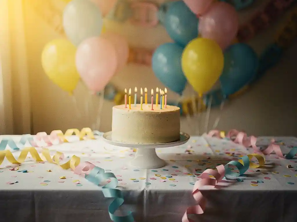 Birthday table with pastel balloons, candle-lit cake, paper garlands, and colorful confetti under warm golden light.