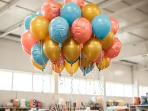 Cluster of coral pink, sky blue, and golden yellow helium balloons floating near a white ceiling in a party supply warehouse.