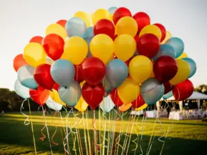 Colorful cluster of red, yellow, and blue latex balloons floating above a sunlit outdoor event space with green grass below.