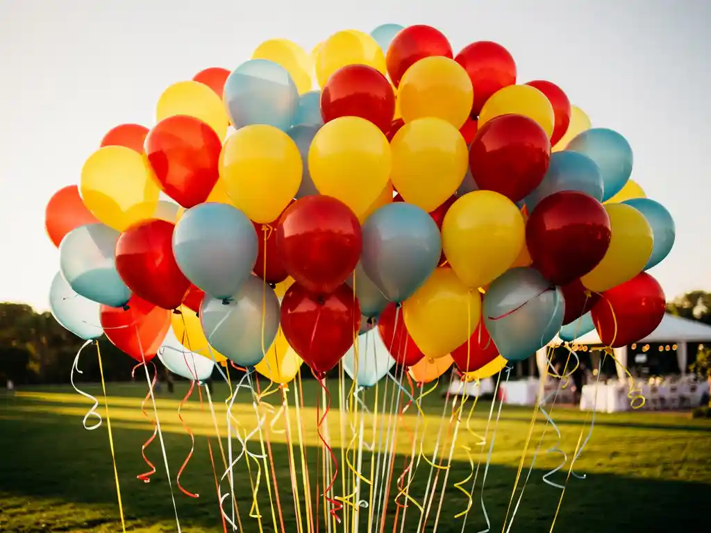 Colorful cluster of red, yellow, and blue latex balloons floating above a sunlit outdoor event space with green grass below.