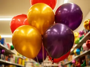 Red, gold, and deep violet oversized latex balloons filling a party supply store aisle, shot from a low angle with vivid colors and shiny reflections.
