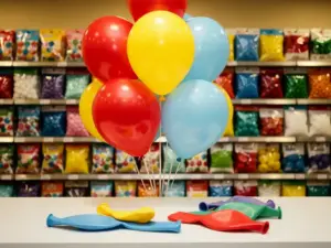 Kleurrijke rode, gele en blauwe latexballonnen zweven boven de schappen van een feestartikelenwinkel, waar verpakte ballonnen en prijskaartjes liggen.