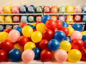 Colorful latex balloons in red, yellow, cobalt blue, and pink cascading off a white warehouse shelf with bundled bags stacked in rows behind.