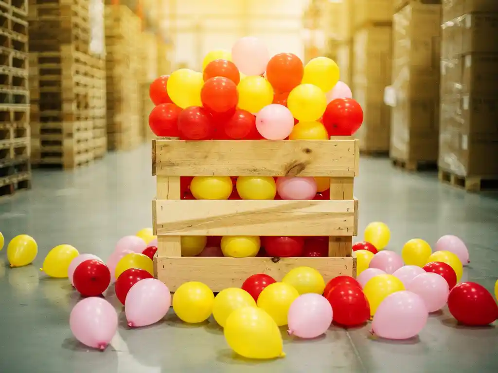 Overflowing crate of red, yellow, and pastel pink latex balloons spilling across a warehouse floor with pallets and wholesale boxes in the background.