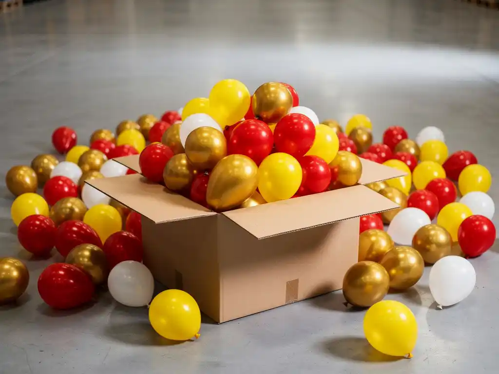 Hundreds of red, gold, yellow, and white latex balloons overflowing from an open cardboard box on a warehouse concrete floor.