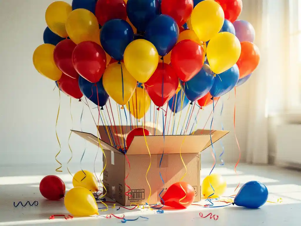 Hundreds of red, yellow, and cobalt blue latex balloons overflowing from an open wholesale cardboard box, floating upward in a bright naturally lit room.