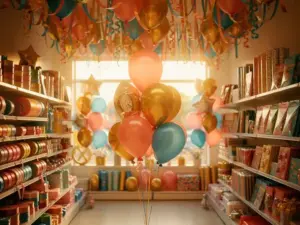 Een kleurrijke winkel met feestartikelen, vol met ballonnenboeketten in koraal, goud en blauw, Folieballonnen en serpentines het warme licht van het gouden uur.