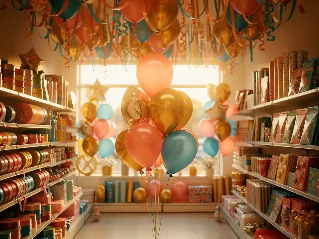 Colorful party supplies store filled with coral, gold, and blue balloon bouquets, foil balloons, and streamers in warm golden-hour light.