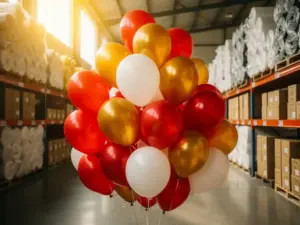 Vibrant red, gold, and white custom-printed latex balloons clustered in a wholesale warehouse aisle with balloon stock rolls and boxes stacked behind them.