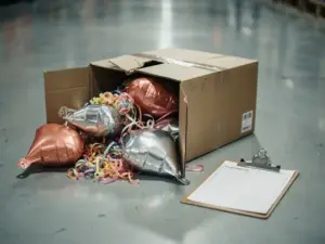 Una caja de cartón aplastada de la que se desparraman globos de aluminio desinflados y cintas enredadas sobre el suelo de un almacén, junto a una carpeta con el formulario de inspección de daños.