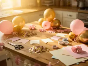 Een aanrechtblad met zelfgemaakte verjaardagsversieringen, pastelroze en gouden ballonnen, papieren slingers, confetti en een half afgemaakte banner in het warme middaglicht.