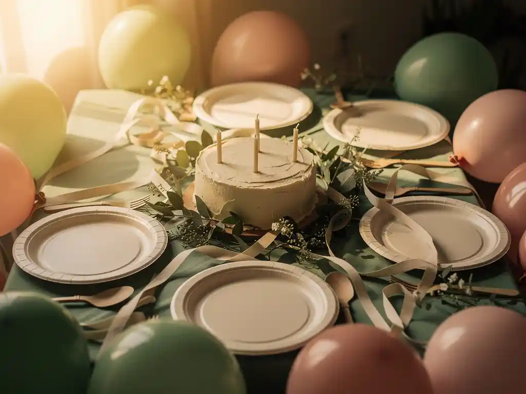 Eco-friendly birthday table with compostable plates, pastel biodegradable balloons, beeswax candles on an uncut cake, and lush greenery in warm golden light.