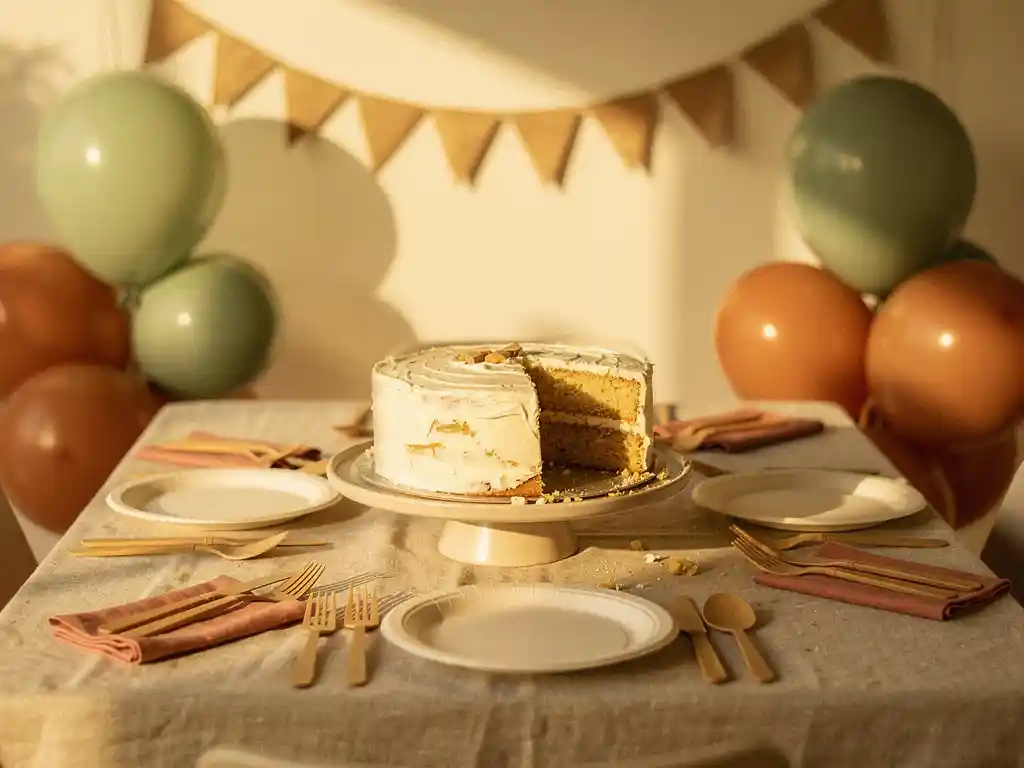 Eco-friendly birthday table with compostable plates, bamboo cutlery, and biodegradable sage green and terracotta balloons around a half-eaten cake.