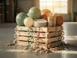 Caja de madera repleta de artículos de fiesta ecológicos, como globos biodegradables, serpentinas de papel, vajilla compostable y confeti de papel kraft, en grandes cantidades al por mayor.