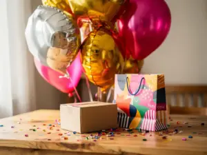 Zilveren, gouden en roze Folieballonnen boven een houten tafel met een bezorgdoos, een feestzakje en verspreide confetti.