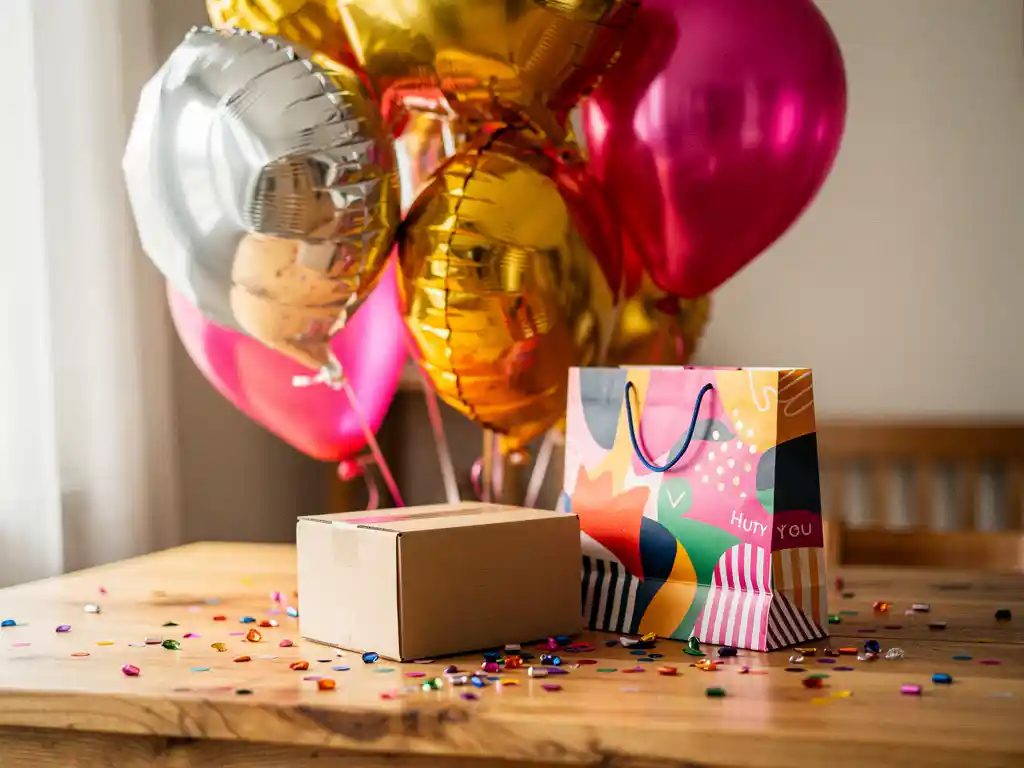 Silver, gold, and pink foil balloons floating above a wooden table with a delivery box, party bag, and scattered confetti.