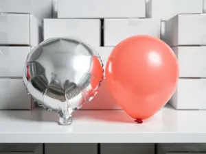 Silver foil balloon and coral pink latex balloon on a white warehouse shelf surrounded by wholesale packaging boxes.
