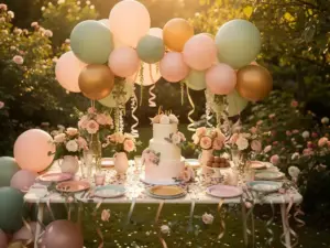 Een tafel op een verjaardagsfeestje in de tuin, versierd met pastelkleurige ballonnen, bloemenslingers en een etagèretaart, omringd door confetti en serpentines het licht van het gouden uur.
