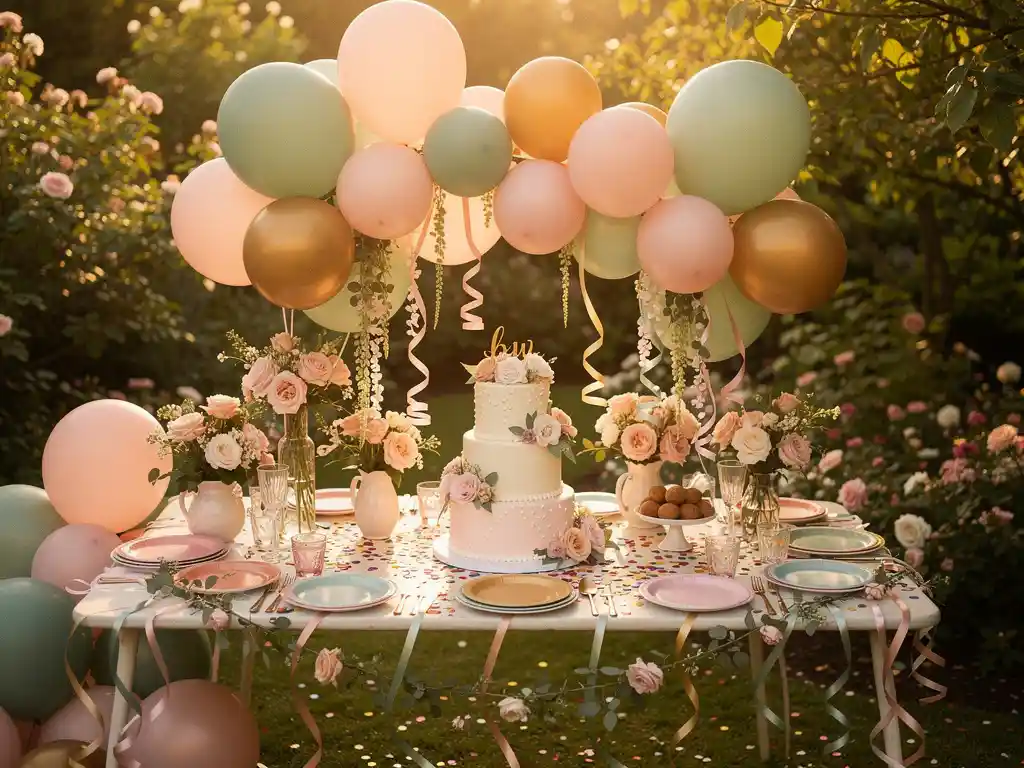 Garden birthday party table with pastel balloon clusters, floral garlands, and a tiered cake surrounded by confetti and ribbon streamers in golden-hour light.