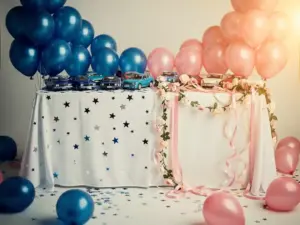 Party table split between blue balloon and toy car décor and pink floral garland setup for a gender reveal celebration.
