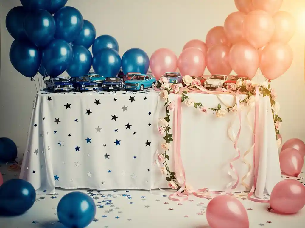 Een feesttafel met aan de ene kant blauwe ballonnen en speelgoedautootjes en aan de andere kant een roze bloemenslinger, ingericht voor een gender reveal .