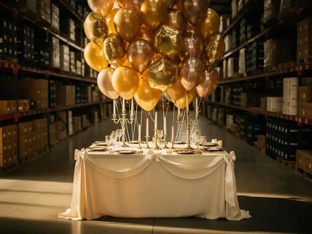 Gold and champagne foil balloon tower above an elegant table with crystal glassware, pearl ribbon garlands, and candelabras in a warmly lit warehouse.