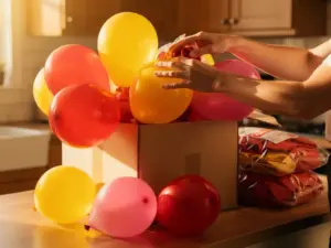 Hands sorting through an overflowing box of colorful latex balloons in red, yellow, and pink, bathed in warm afternoon kitchen light.