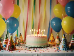 Table d'anniversaire pour enfants avec Ballons latex roses, jaunes et bleus, un gâteau à étages avec des bougies allumées, des confettis et des chapeaux de fête.