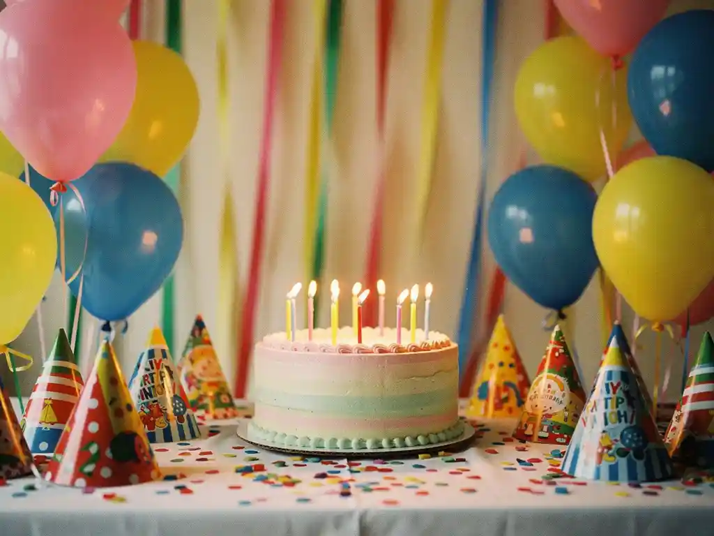 Mesa de una fiesta de cumpleaños infantil con globos de látex rosas, amarillos y azules, una tarta de varios pisos con velas encendidas, confeti y gorros de fiesta.