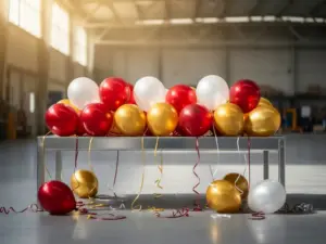 Red, gold, and white latex balloons cascading over warehouse shelves with ribbon curls on concrete floor, warm golden light streaming from above.