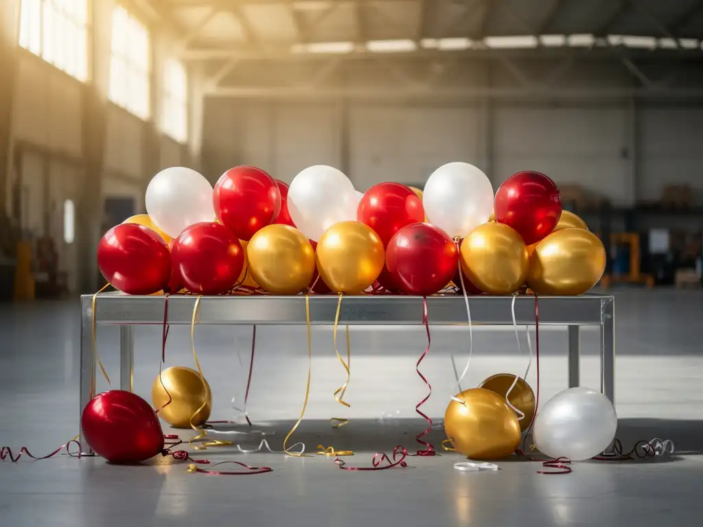 Red, gold, and white latex balloons cascading over warehouse shelves with ribbon curls on concrete floor, warm golden light streaming from above.