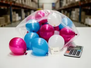 Bulk latex balloons in magenta, sky blue, and white spilling from wholesale packaging beside a price tag and calculator in a warehouse.