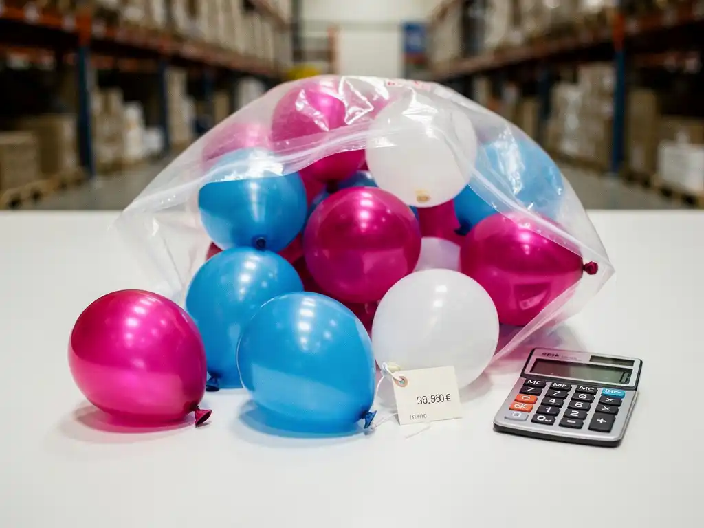 Bulk latex balloons in magenta, sky blue, and white spilling from wholesale packaging beside a price tag and calculator in a warehouse.