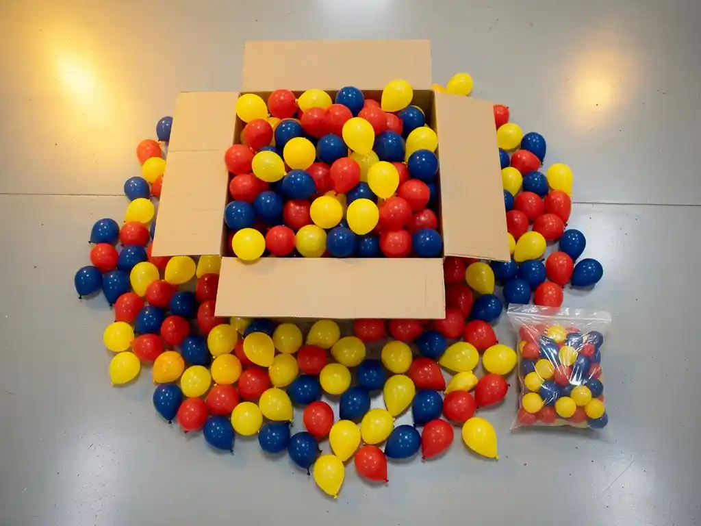Bulk wholesale latex balloons in red, yellow, and blue spilling from an open cardboard box beside a small retail bag for scale.