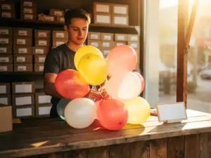 Shop owner arranging colorful coral, yellow, and white latex balloons on a wooden market stall counter with wholesale boxes stacked behind.