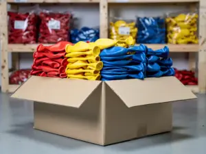 Wholesale cardboard box overflowing with bundled uninflated latex balloons in red, yellow, and cobalt blue inside a warehouse.