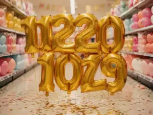 Goudkleurige ballonnen met cijfers die een milestone markeren, in het gangpad van een feestwinkel, met kleurrijke ballonnenopstellingen, confetti en sfeervolle feestverlichting.