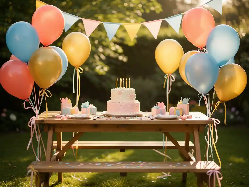 Outdoor birthday table with colorful latex balloons, pastel bunting, and a tiered cake with lit candles surrounded by confetti in a sunny garden.
